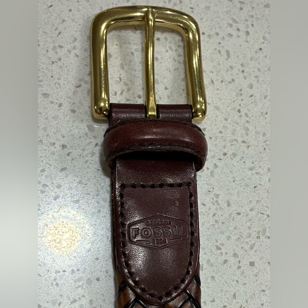Fossil Vintage Brown Braided Leather Belt Size 34 Brass Buckle LNWT - Picture 8 of 10
